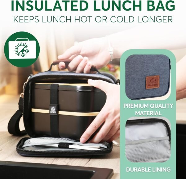 Umami Insulated Lunch Box Bag Women & Men w/Water Bottle Pocket w/Adjustable Shoulder Strap, Perfect-Size, Great for Work and Travel (Navy Blue) - Image 2