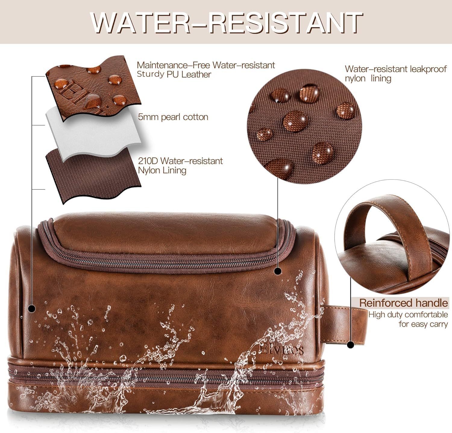 Elviros Toiletry Bag, Mens Leather Travel Organizer Kit with hanging hook, Large Water-resistant Toiletries Bathroom Shaving Bags for Women (Dark Brown) - Image 3