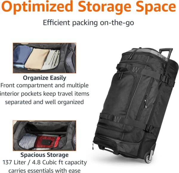 Amazon Basics Ripstop Wheeled Duffel Bag for Travel, Travel Bag, Telescoping Handle, 35", Black - Image 3
