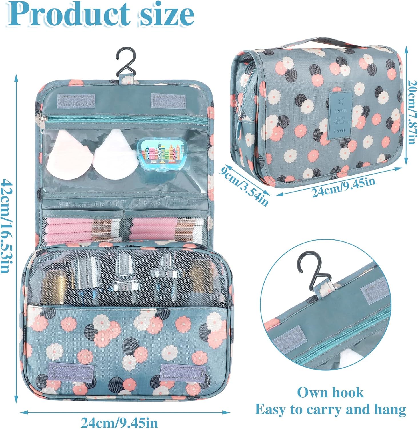 Pengxiaomei Toiletry Bag, Waterproof Hanging Cosmetic Bag Portable Travel Makeup Pouch Multifunction Handle Travel Toiletry Bag Organizer with Hook for Women Girls(Blue) - Image 2