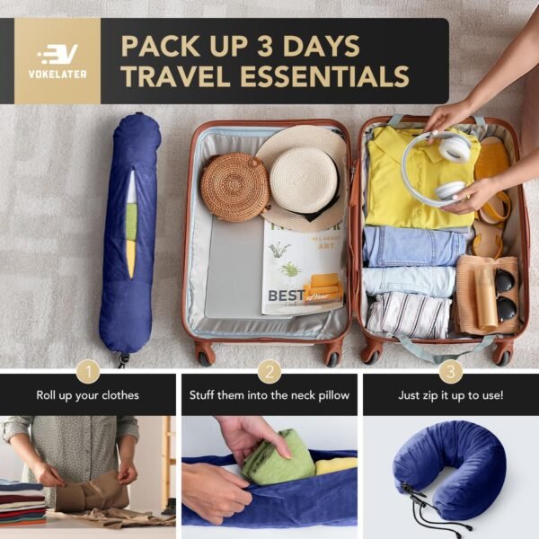 Stuffable Neck Pillow for Travel, Travel Neck Pillow for Extra Luggage Storage Ideal 1-3 Days Travel Essentials, Adjustable U-Shapes Airplane Pillow Size, Soft Velvet Cover, No Filler, Blue - Image 2