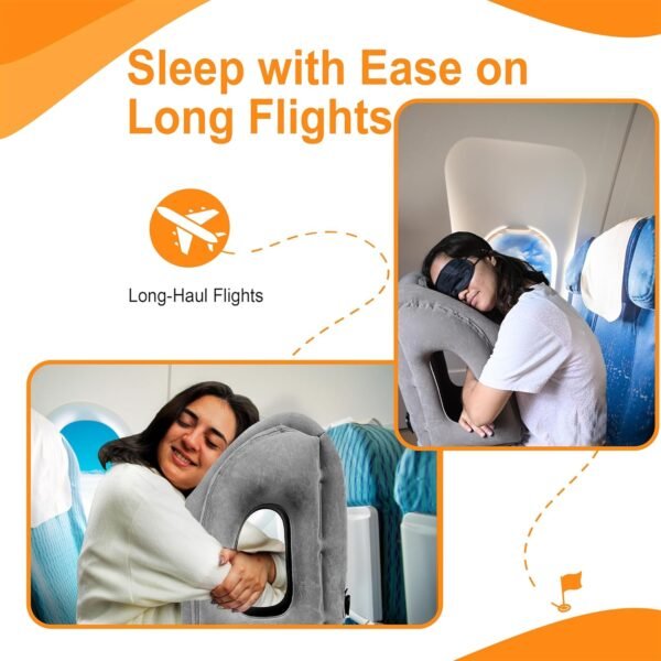 Inflatable Travel Pillow - Airplane Pillow for Neck Support on Long Flights, Buses, Cars, Office & Trains - Comes with Eye Mask, Earplugs & Portable Drawstring Bag - Grey - Image 2