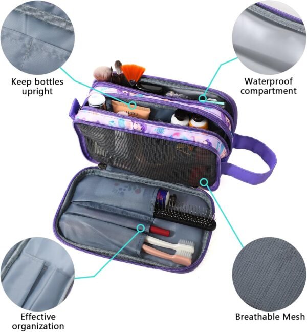 Kids Toiletry Bag for Girls, Travel Toiletry Bag for Little Young Girls Cosmetic Bag Makeup Bag Waterproof Hanging Wash Bag Toddler Toiletries, Mermaid Purple - Image 3