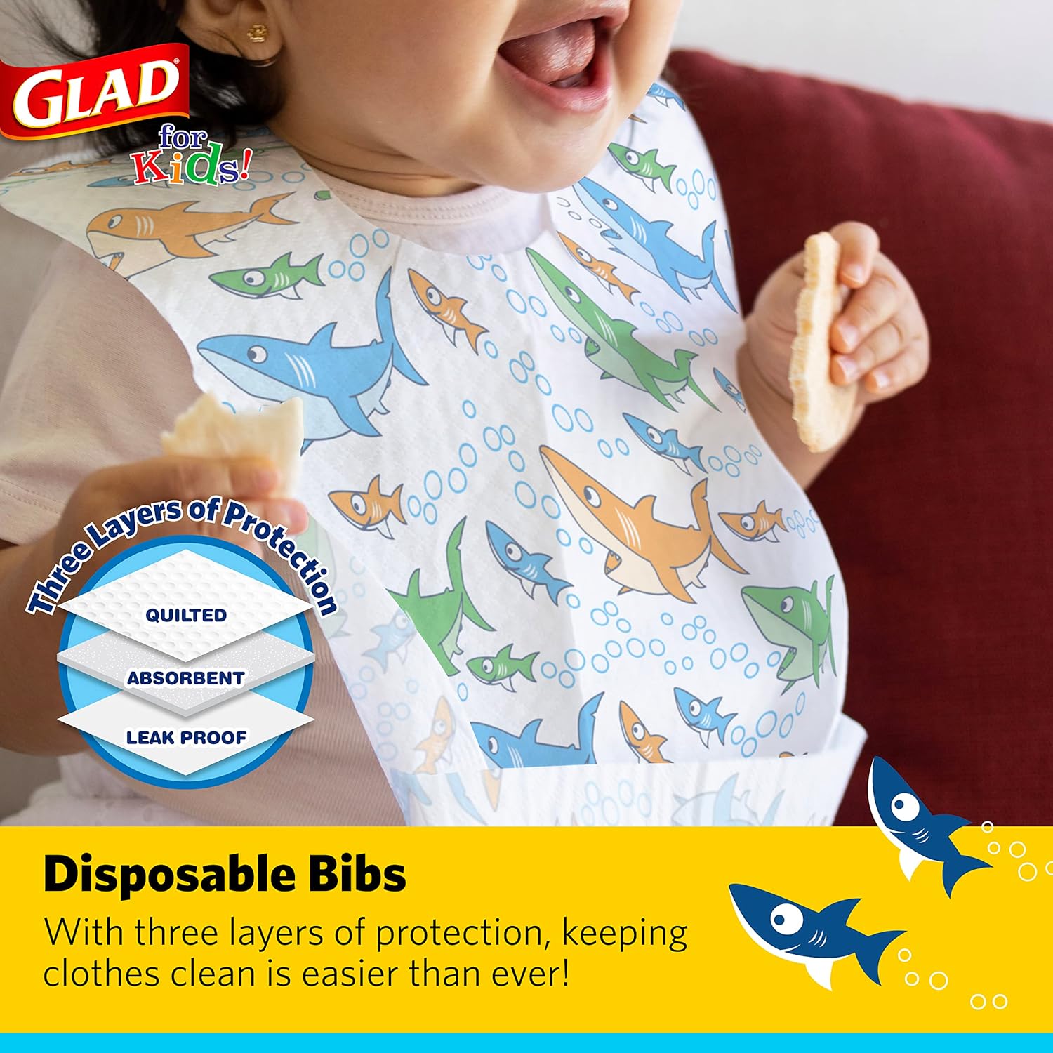 Glad for Kids Shark Disposable Paper Bibs with Crumb Catcher for Feeding - Absorbent and Leakproof Eating and Travel Essentials for Mess-Free Meals, 30 Count - Image 2