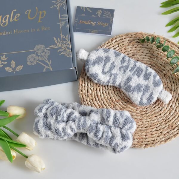 JOOJA Comfort Gift Basket for Women Travel Essentials Gift Set Cozy Blanket, Fuzzy Socks, Eye Mask, Scrunchie, Headband & Travel Storage Bag Leopard Grey - Image 3