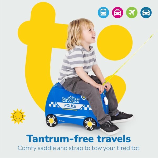 Trunki Ride-On Kids Suitcase | Tow-Along Toddler Luggage | Carry-On Cute Bag with Wheels | Airplane Travel Essentials: Percy Police Car Blue - Image 6