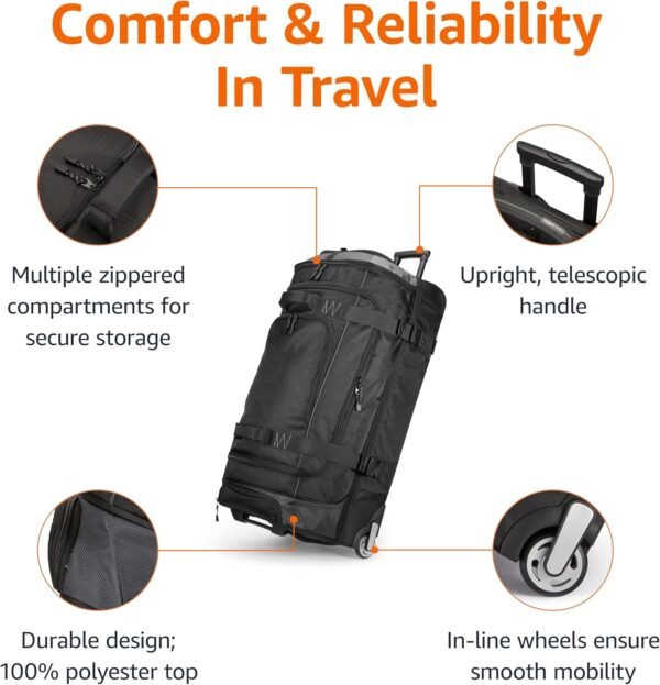 Amazon Basics Ripstop Wheeled Duffel Bag for Travel, Travel Bag, Telescoping Handle, 35", Black - Image 2