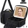 Portable Rechargeable Travel Makeup Bag - Makeup Case Organizer with LED mirror 3 Color Lights Adjustable Brightness Cosmetic Train Case with Adjustable Dividers for Women (Black)