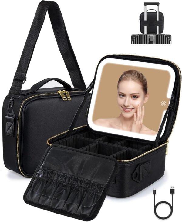 Portable Rechargeable Travel Makeup Bag - Makeup Case Organizer with LED mirror 3 Color Lights Adjustable Brightness Cosmetic Train Case with Adjustable Dividers for Women (Black)