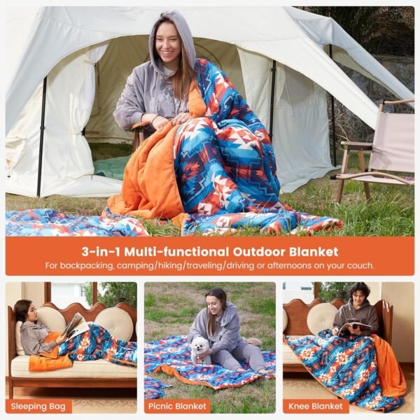 Cozy Bliss Puffy Outdoor Camping Blanket, Sleeping Bag, Picnic Mat-3 in 1 Multi Use, Warm Down Alternative Filled, Lightweight Packable for Hiking Travel Stadium Concerts, Gift for Children 63"x78" - Image 2