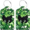 Luggage Tags for Suitcase, 2 Pack PU Leather Travel Cruise Luggage Tag with Privacy Flap, Name ID Label and Metal Loop for Women Men Girls Suitcase Baggage Bag Backpack, Cute Cat Green