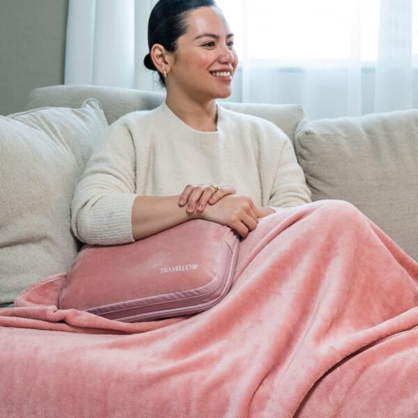 Travel Pillow and Blanket Set - 4-in-1 Ultimate Travel Kit with Memory Foam Pillow, Travel Blanket, Sleep Mask, and Earplugs-Ultimate Comfort and Coziness for Your Journeys - Pink - Image 8