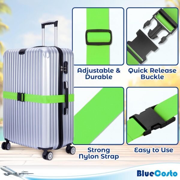Luggage Straps for Suitcases (Green, 4 PK), Premium Nylon Belts for Luggage Security, Heavy-Duty w/Adjustable Length (46”-78”) for Suitcase, Briefcase, Backpack & Travel Bag by BlueCosto - Image 2