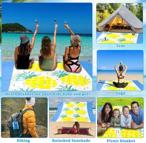 Waterproof Sandproof Beach Blanket-Extra Large,Lightweight,Durable,Perfect for Travel,Hiking,Camping,Vacation Beach-Includes 4 Stakes and Carry Bag (Pineapple) - Image 7