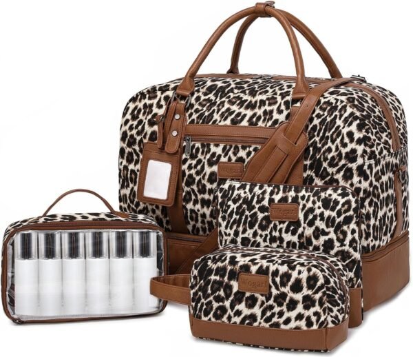 Wogarl Weekender Bags for Women Large Overnight Bag Weekend Travel Duffel Bag Carry on Shoulder with Shoe Compartment Canvas Toiletry Bag Tote with Trolley Sleeve for Travel Business Gym,Leopard