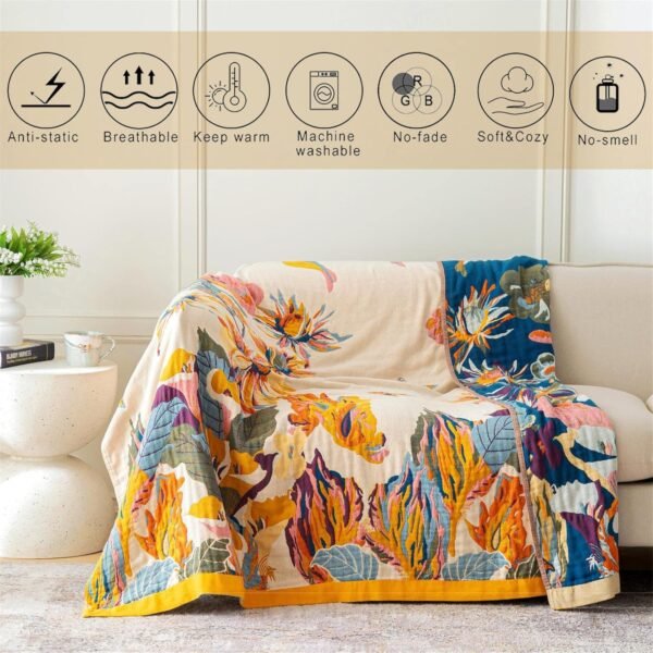 Boho Throw Blanket for Couch 100% Cotton Throw Blanket Floral Bed Blanket 80''x90'', Cotton Quilts Travel Blanket Knitted Muslin Blanket Home Decor Cozy Blankets for Women - Image 3