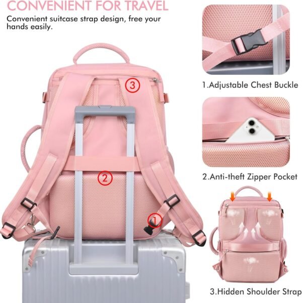 Beraliy Large Travel Backpack for Women, Personal Item Bag Airline Approved, Carry On Luggage, 17.3 inch Laptop Backpack, Waterproof Backpack,Hiking Backpack, Pink - Image 6