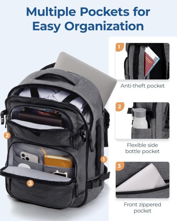 BAGSMART Travel Backpack for Women Men, 40L Flight Approved Carry on Backpack with Shoe Bag, TSA Large Personal Item Backpack with 17 Inch Laptop Compartment, Weekender Suitcase for Travel, Grey - Image 5