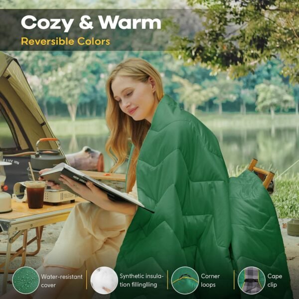 UNIKOME Outdoor Packable Camping Blanket, Lightweight Travel Blanket Waterproof Warm Camping Blanket for Hiking, Camping, Puffy Down Alternative Camping Blanket with Corner Loops, 75"×52", Green - Image 2