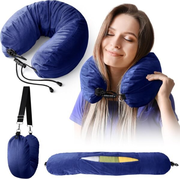 Stuffable Neck Pillow for Travel, Travel Neck Pillow for Extra Luggage Storage Ideal 1-3 Days Travel Essentials, Adjustable U-Shapes Airplane Pillow Size, Soft Velvet Cover, No Filler, Blue