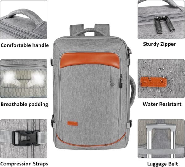 Vancropak Carry on Backpack, Extra Large 40L Airline Approved Travel Backpacks with 3 Packing Cubes for Women Men, Water Resistant Expandable Overnight Luggage Daypack Business Weekender Bag, Grey - Image 7