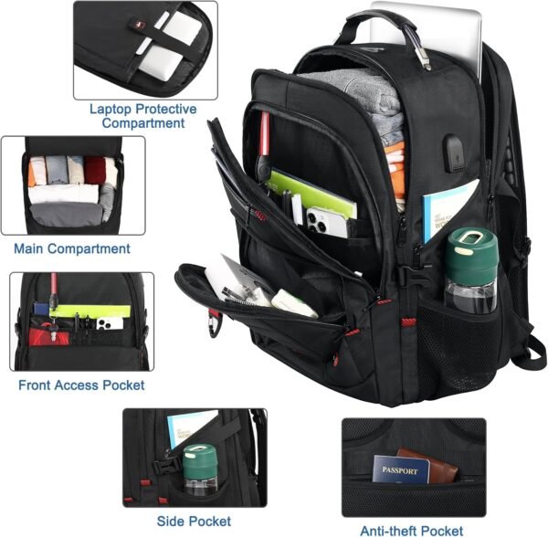 Z-MGKISS Extra Large Travel Backpack, TSA Backpack 17.3 Inch, 50L Anti Theft 17 Inch Big Business Laptop Backpack for Men & Women, Water Resistant College Rucksack Bag with USB Port, Black - Image 4