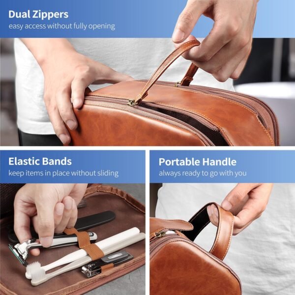 HOTOR Travel Toiletry Bag for Men - Leather Water Resistant Toiletries Organizer with Handle, Versatile Travel Cruise Ship Essentials, Brown, Medium - Image 4
