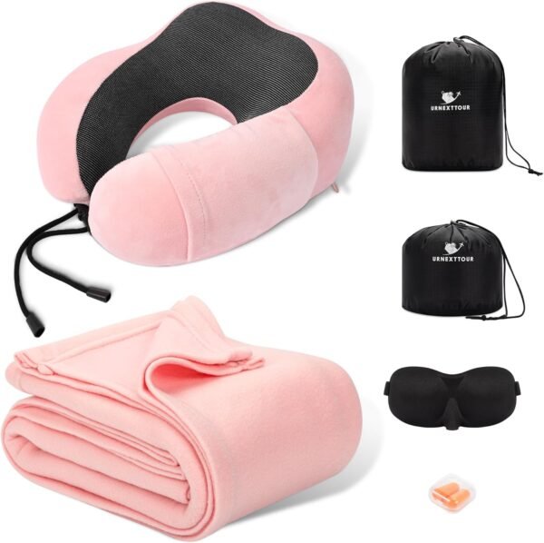 Travel Pillow and Blanket Set for Traveling, Memory Foam Women Neck Pillow and Soft Blanket Compact, Airplane Travel Essentials with Sleep Mask Earplugs Storage Bag for Plane Car, Pink