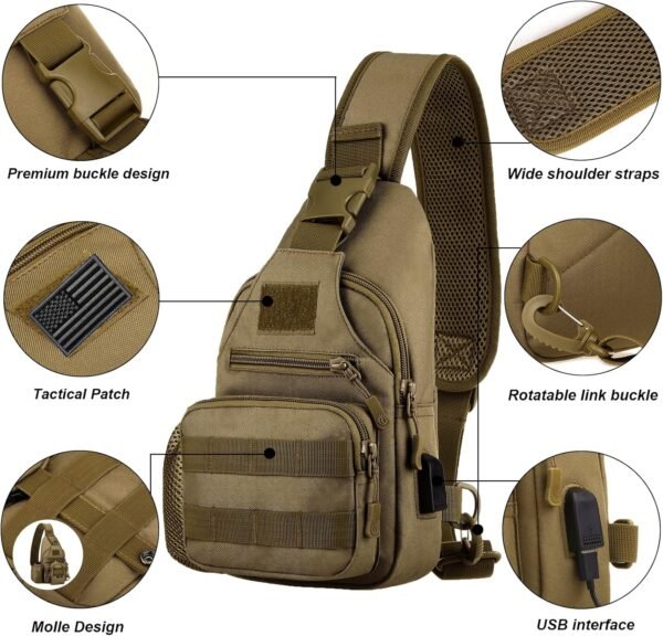 Tactical Sling Crossbody Backpack with Water Bottle Holder, MOLLE EDC Shoulder Sling Chest Bags with USB Charging Port for Travel Walk(Black) - Image 5