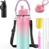 LyriFine 40oz Sport Water Bottle with Paracord Handles & Strap, Straw Lid & Spout Lid, Double Wall Vacuum Keep Cold & Hot, BPA-Friendly Reusable, Wide Mouth Water Bottle for Travel, Pink