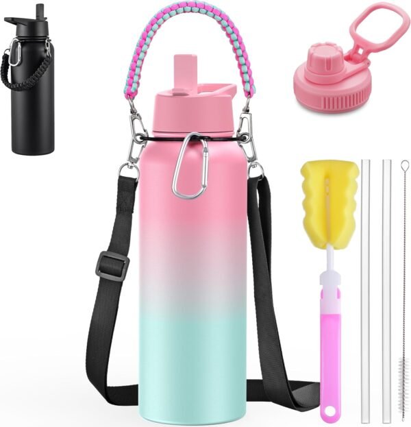 LyriFine 40oz Sport Water Bottle with Paracord Handles & Strap, Straw Lid & Spout Lid, Double Wall Vacuum Keep Cold & Hot, BPA-Friendly Reusable, Wide Mouth Water Bottle for Travel, Pink
