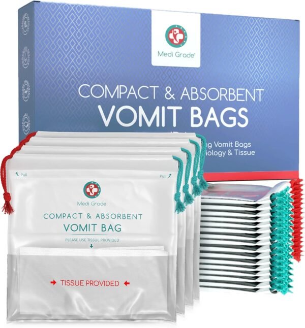 Medi Grade Absorbent Vomit Bags Disposable for Adults and Kids, 22pcs - Travel Essentials Leakproof Barf Bags with Tissues Turn Vomit to Gel and Prevent Odor - Purse Essential Travel Size Sick Bags