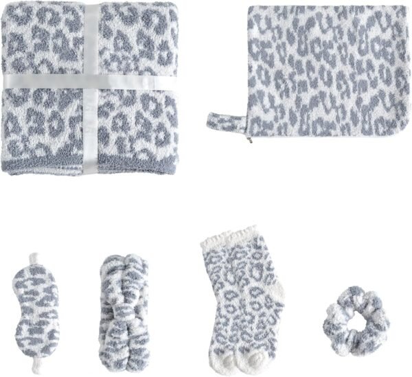 JOOJA Comfort Gift Basket for Women Travel Essentials Gift Set Cozy Blanket, Fuzzy Socks, Eye Mask, Scrunchie, Headband & Travel Storage Bag Leopard Grey