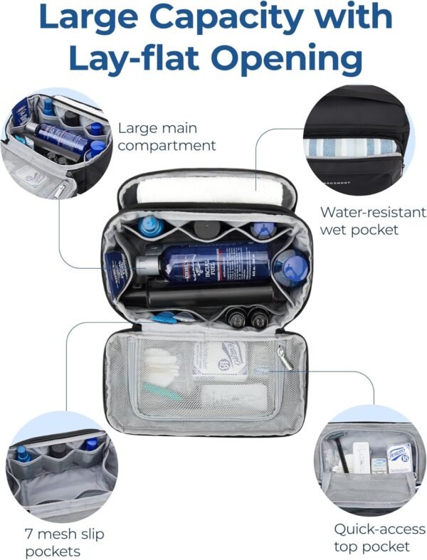 BAGSMART Toiletry Bag for Men, Wide Opening Travel Bag for Toiletries, Dopp Kit Water Resistant Shaving Hygiene Bag for Bathroom Shower, Toiletries Accessories,Travel Essentials-Gray - Image 2