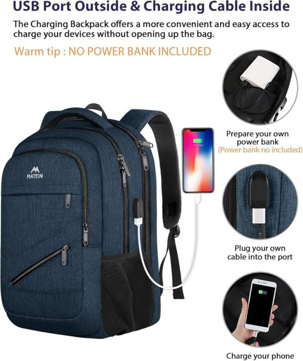 MATEIN 17 inch Laptop Backpack, Large Travel Backpack Carry On Flight Approved with Trolley Sleeve, Computer Work Bag with USB Charging Port, Water Resistant Backpack for College, Dark Blue - Image 5