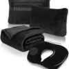 Travel Blanket and Pillow Set - Portable Inflatable Travel Neck Pillow and Premium Soft Airplane Blanket with Built-in Soft Bag, Neck Snaps, Zippered Pouch, and Hand Luggage Belt, 70" x 40" (Black)