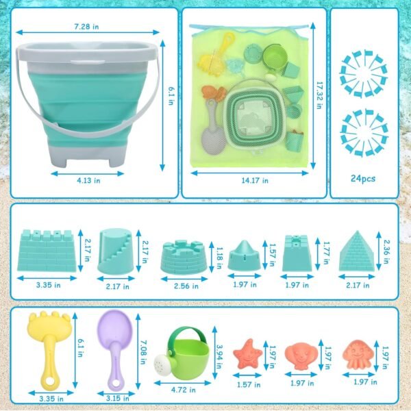 Beach Toys Sand Set for Kids, Collapsible Bucket and Shovels with Mesh Bag, Molds, Flags, Sandbox Kids Toddlers, Travel (Tavel Size) - Image 7