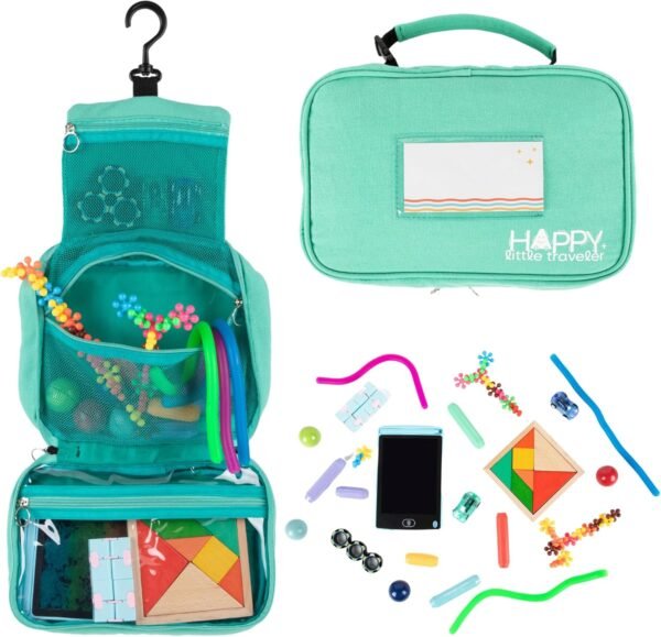 Travel Essentials for Kids – All-in-One Activity Kit for Travel, Road Trip Activities for Kids - Hanging Bag, Includes Toys and Activities for Airplanes, Hotels - Boys & Girls, 4-6 Years (Seafoam)
