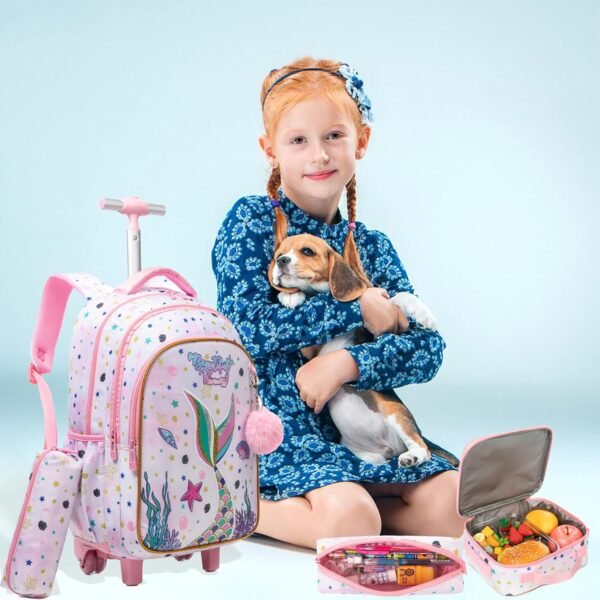 Egchescebo Kids Rolling Backpack for Girls Mermaid Suitcases Trolley Roller Luggage Backpacks on Wheels with Lunch Box Pencil Case for Elementary Multiple Compartment Pockets Travel School Bag Pink - Image 6