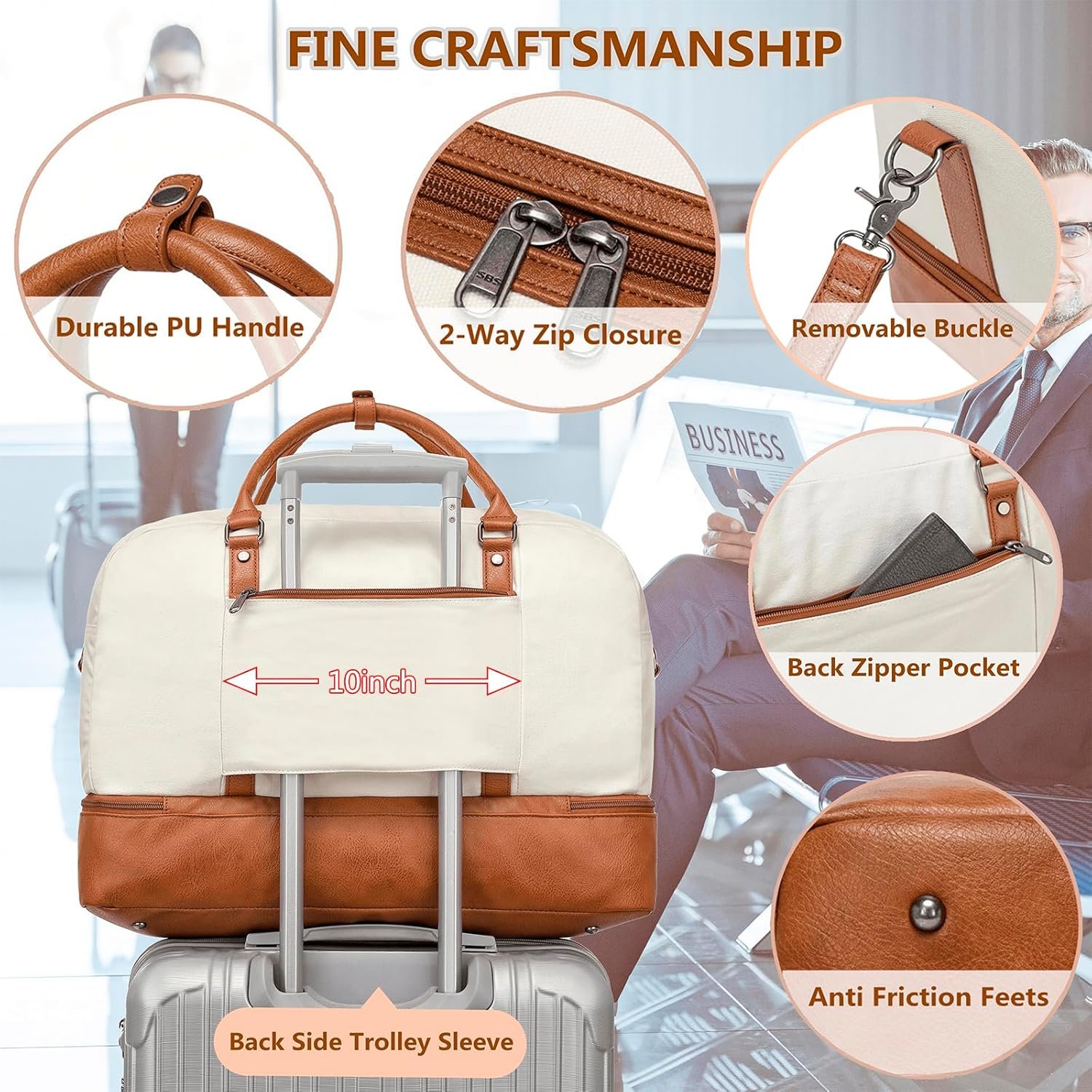 Wogarl 4PCS Weekender Bags for Women Large Overnight Bag Weekend Travel Duffel Bag Carry on Shoulder with Shoe Compartment Canvas Toiletry Bag for Travel Business Gym,Beige - Image 5