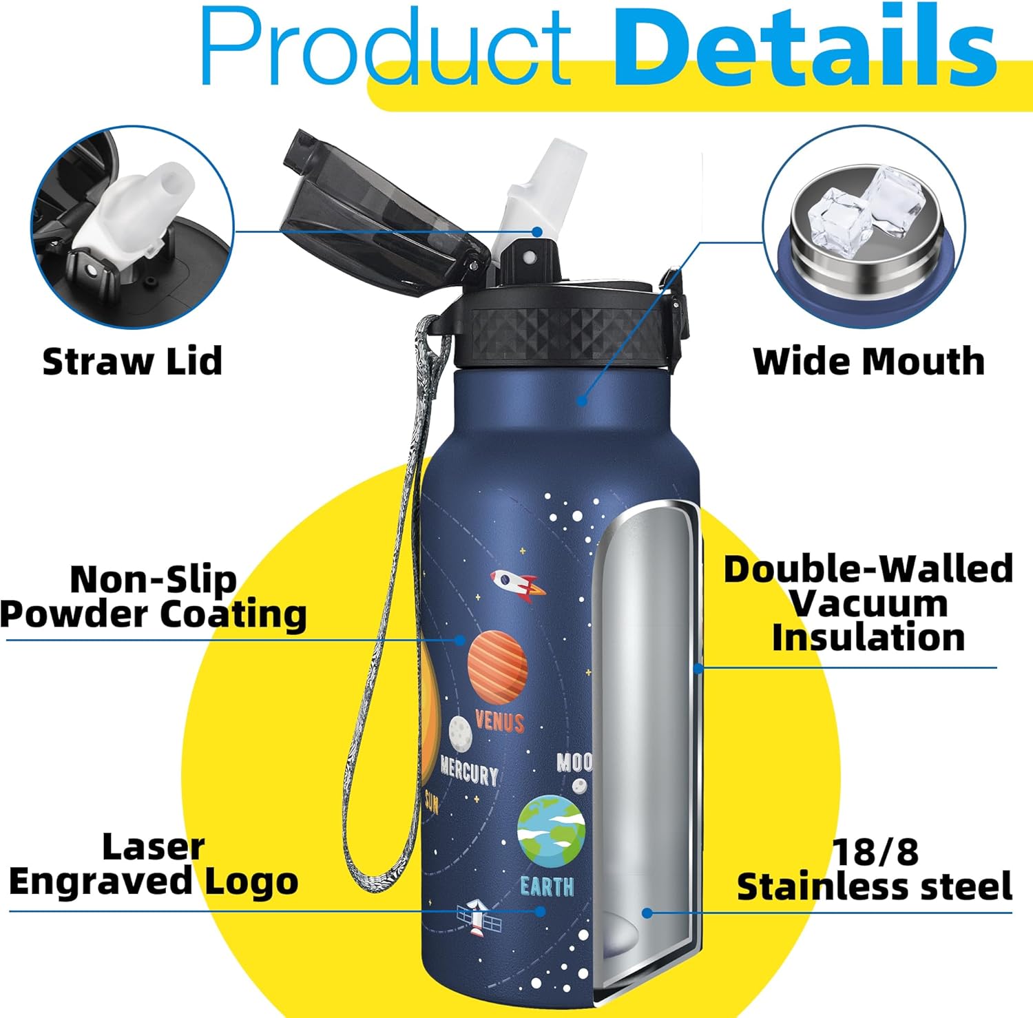 Han's Bottle Kids Water Bottle with Straw Lid - Insulated Stainless Steel Reusable Tumbler for Girls,Boys,Thermo Mug,17oz,Space Planet - Image 5