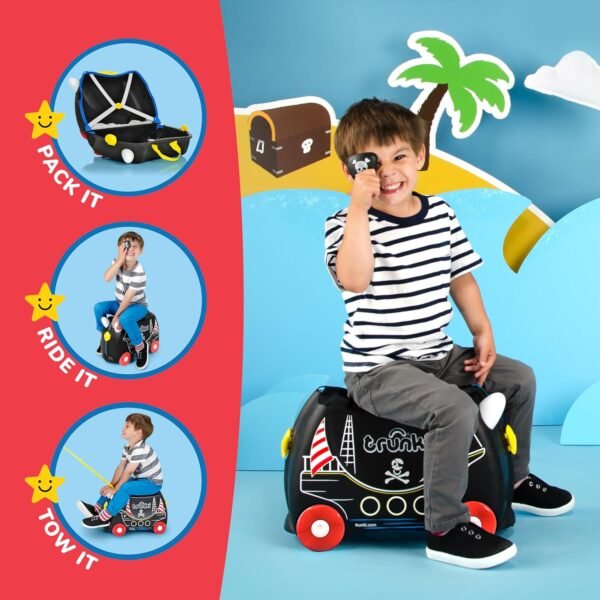 Trunki Ride-On Kids Suitcase | Tow-Along Toddler Luggage | Carry-On Cute Bag with Wheels | Kids Luggage and Airplane Travel Essentials: Pedro Pirate Ship Black - Image 3