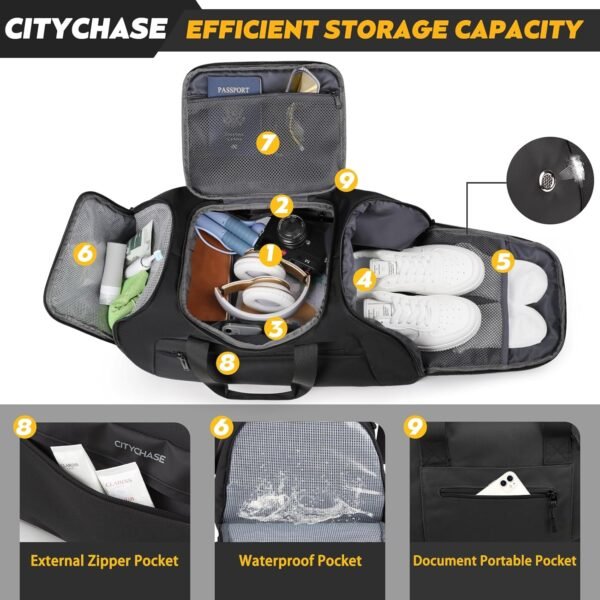 Travel Duffle Bag, 43L Gym Bags for Men, 4 in 1 Sports Gym Duffel Bag, Gym Backpack with Shoe Compartment, Waterproof Travel Weekender Overnight Bag For Football Backpack Carry on Luggage-Black - Image 9