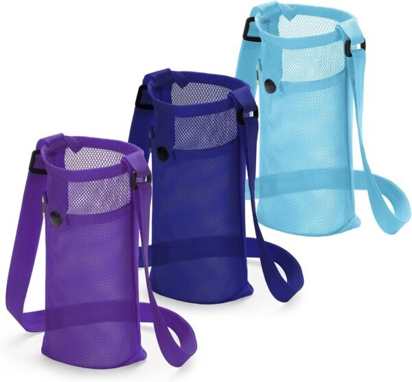 3Pcs Water Bottle Holder with Adjustable Shoulder Strap Water Bottle Carrier Mesh Water Bottle Bag Lightweight Dog Water Bottle Sleeve Crossbody Water Bottle Pouch (Navy/Korean blue/purple)