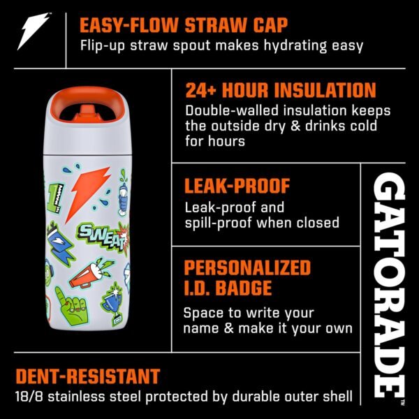 Gatorade Kids' Rookie Metal Water Bottle, 12oz, Stainless Steel Bottle, Double-Wall Insulation, Vacuum Insulated, Thermo Mug - Image 2