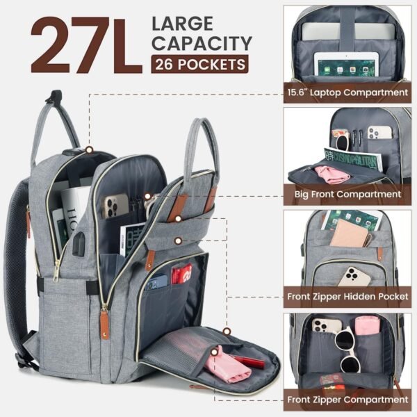 LOVEVOOK Laptop Backpack for Women & Men, Unisex Travel Anti-theft Work Bag, Business Computer College Backpacks Purse, Casual Hiking Outdoor Carry On Daypack with Lock, Fits 15.6 Inch Laptop, Grey - Image 3