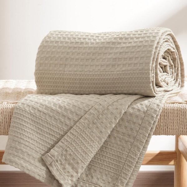 David's Home Cozy Waffle Weave Blanket Twin Size, Ultra Soft Breathable Lightweight Skin-Friendly Throw for Summer, Elegant Room Decor for Couch Bed Sofa Car Travel, Natural