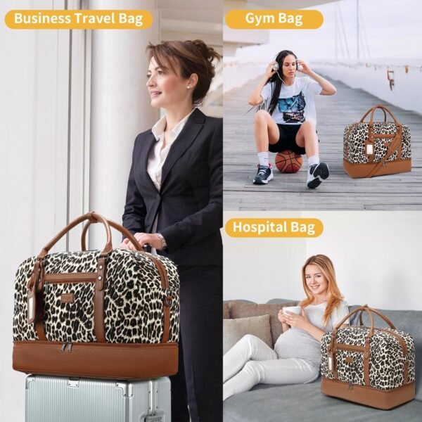 Wogarl Weekender Bags for Women Large Overnight Bag Weekend Travel Duffel Bag Carry on Shoulder with Shoe Compartment Canvas Toiletry Bag Tote with Trolley Sleeve for Travel Business Gym,Leopard - Image 8