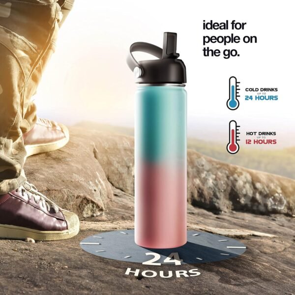 Stainless Steel Insulated Water Bottle and Travel Mug for Hot and Cold Beverages, Wide Mouth, Double Wall Insulated Hydration Sports Water Bottle for Hiking, Biking, Outdoor, 22 OZ BPA Free - Image 2