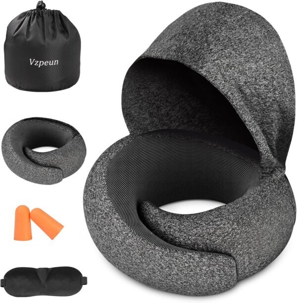 Travel Pillow - Hooded Neck Pillow Airplane, Memory Foam Pillow for Plane, Office, Cars Sleeping, Long Flight Must Haves, Road Trip Essentials Accessories for Adults